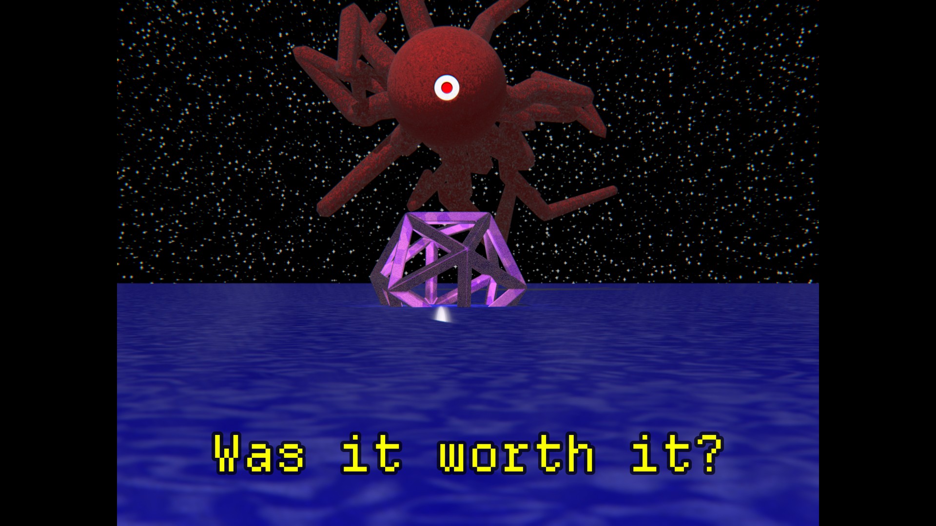 An red entiy floating over a unkown object with letters saying was it worth it