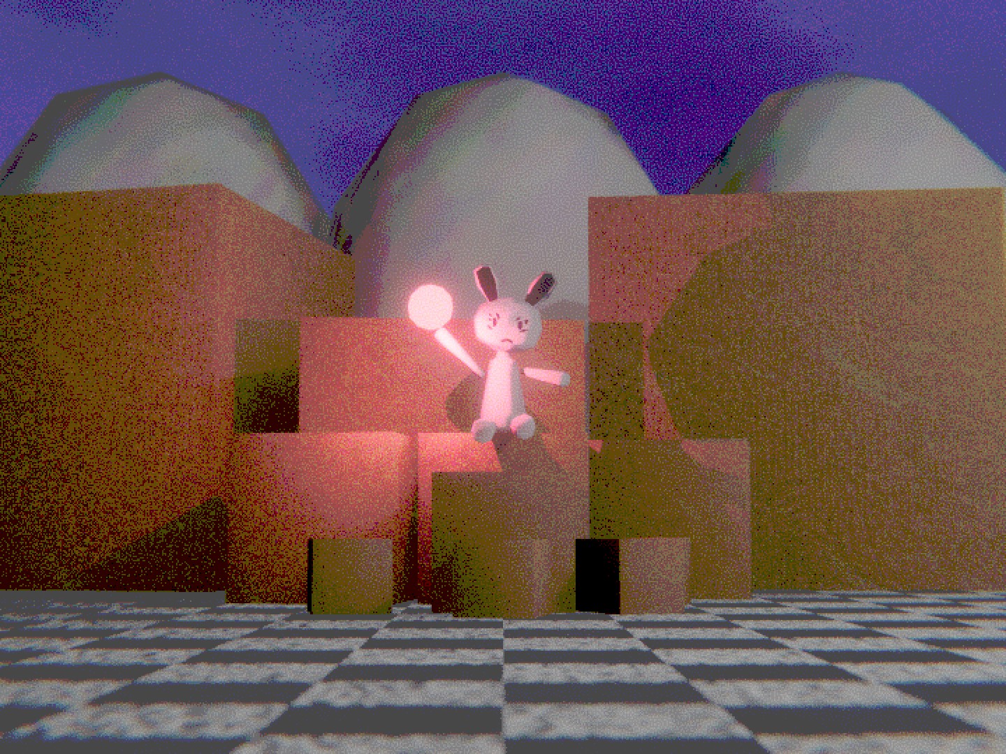 A white rabbit protecting some giant eggs and with a fireball at hand. the rabbit is among some boxes and sitting on the boxes