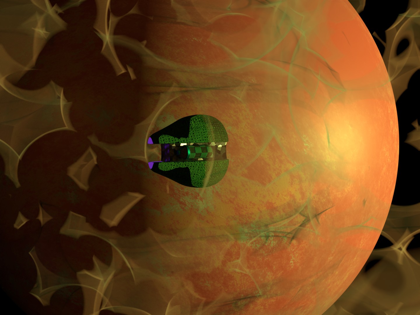 A green space craft in space among some clouds of dust. which is in front of an orangish like gas gaint