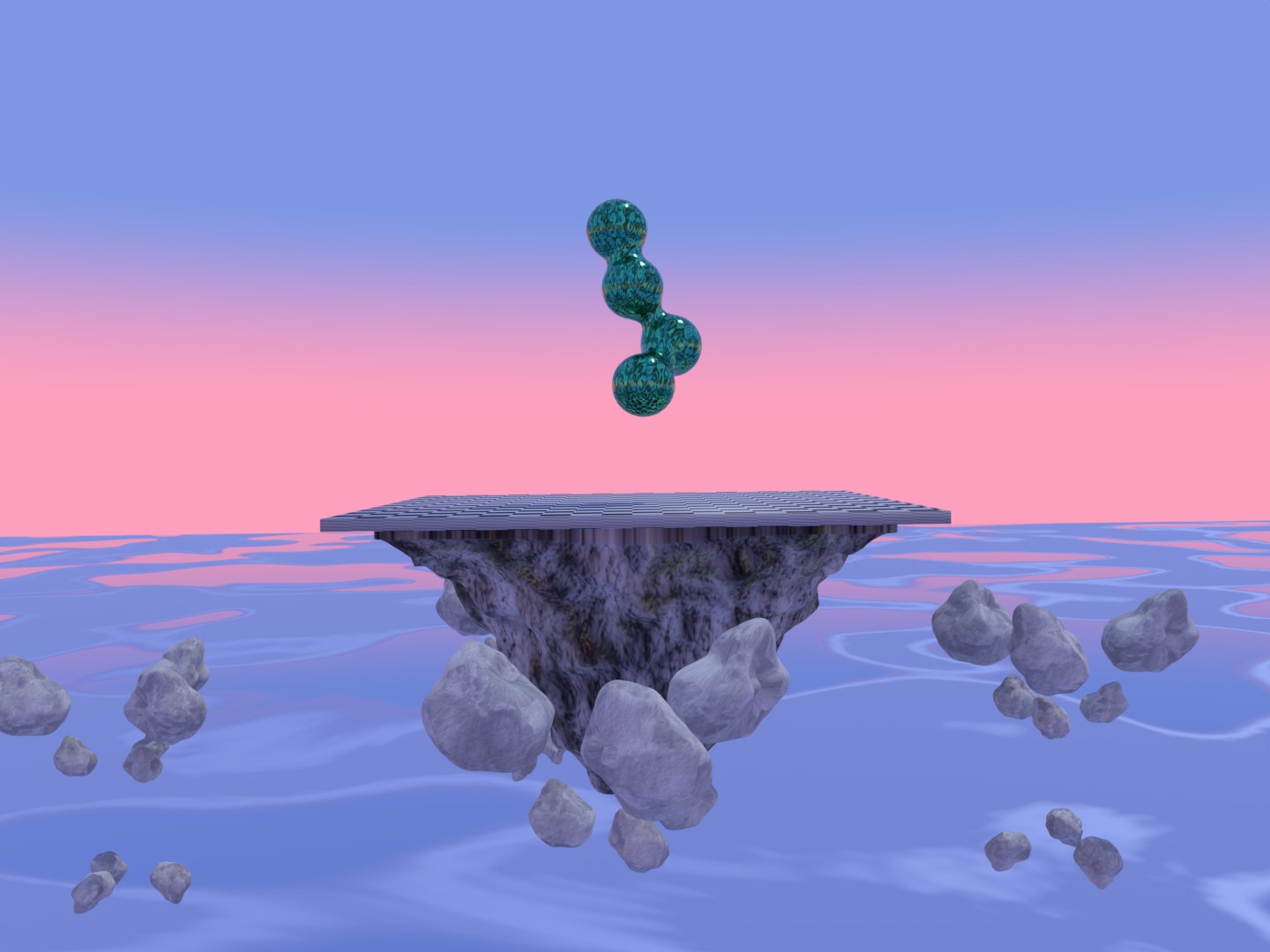 an island floating in front of a pinkish sky with rocks floating around and green metal balls floating on top of the island