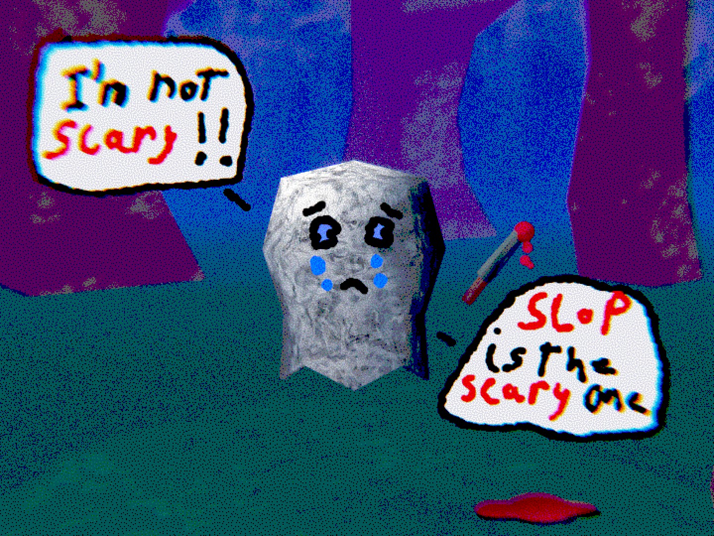 Just a little ghost with a knife scared that there is slop.  ghost says "I'm not scary! Slop is the scary one"