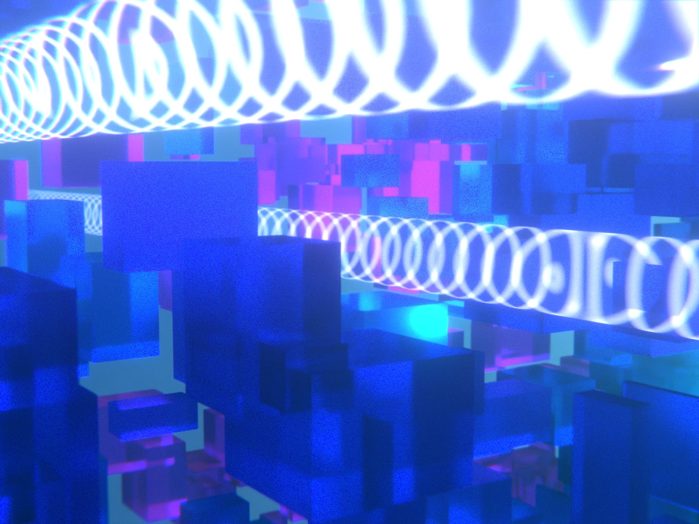 blue, pink, and red different sizes of cubiods in a foggy scene with glowing rings in space