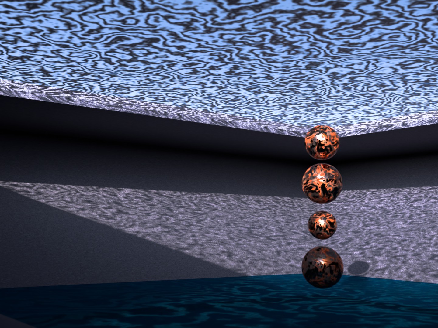 with a somewhat cloud like waves in the sky with 4 spheres varying in size floating above a pool of water inside a brutalist setting