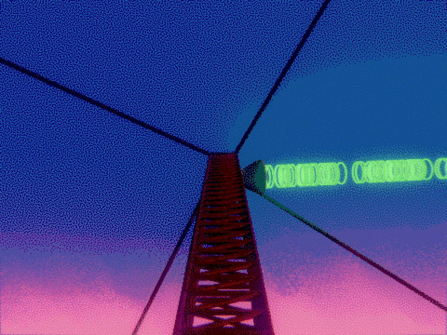 a radio tower in front of an pinkish blue sky with antenna blasting a message