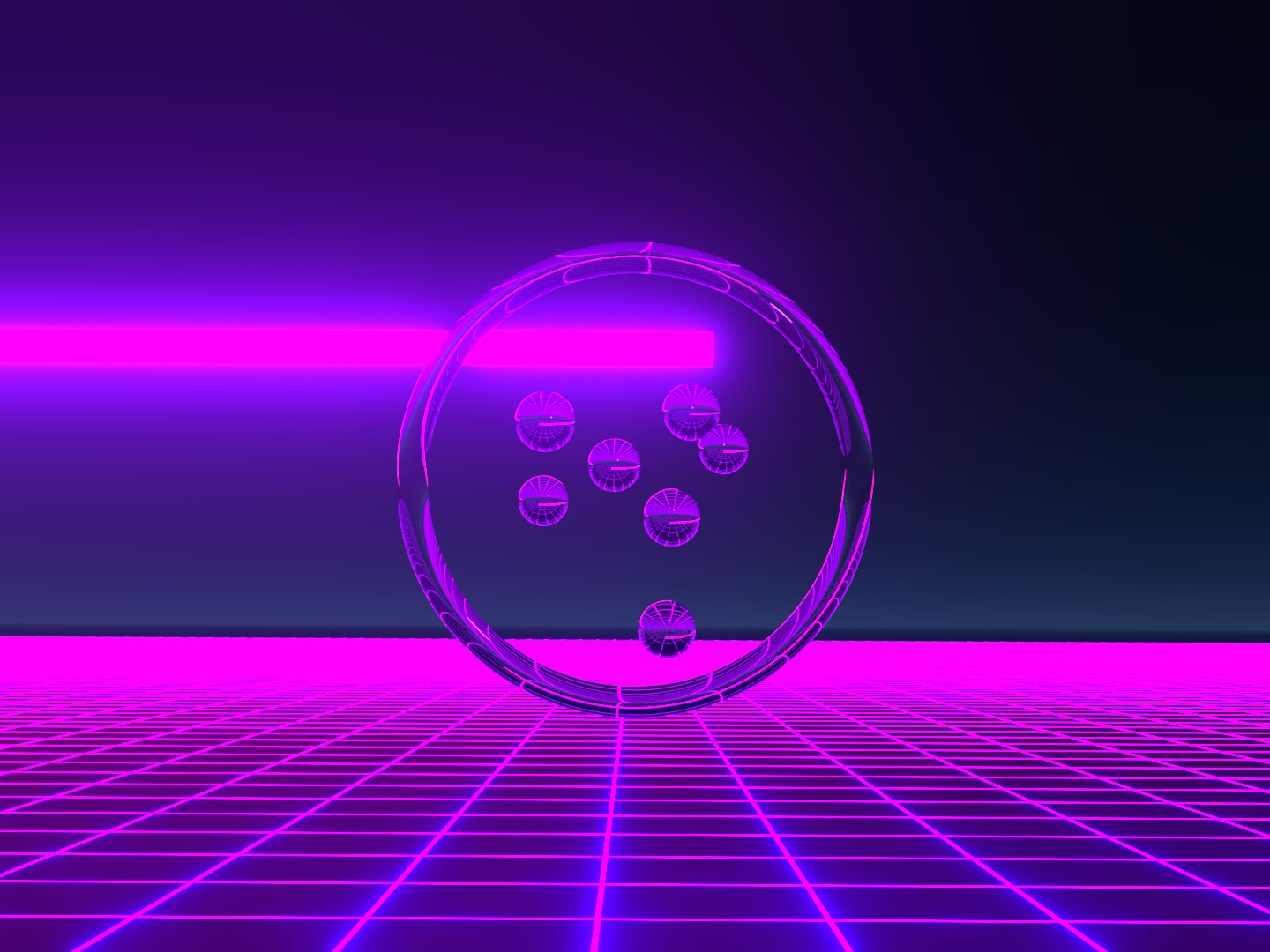 a glass circle with spheres inside all glowing purple with a grid of glowing purple
