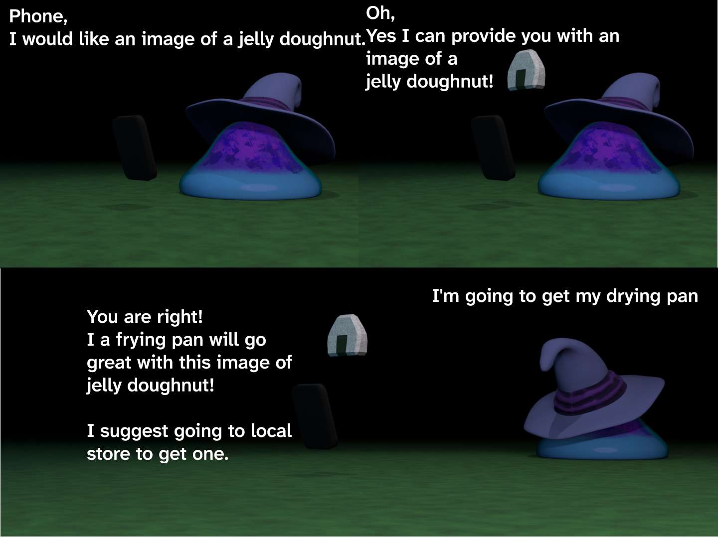 Slime wizard asking for a jelly doughnut and phone gives the slime wizard a orinigiri instead. The slime wizard threatens with a drying pan while the phone says frying pan will go great with the jelly doughnut