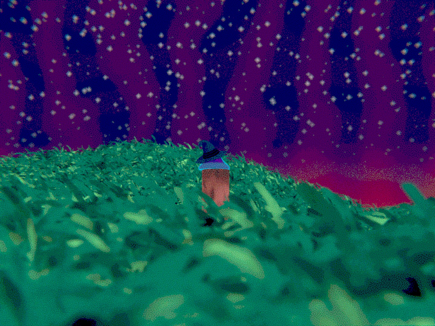 slime wizard sitting on a post in middle of a rolling grassland. with the sky being a sunset with stars showing up.