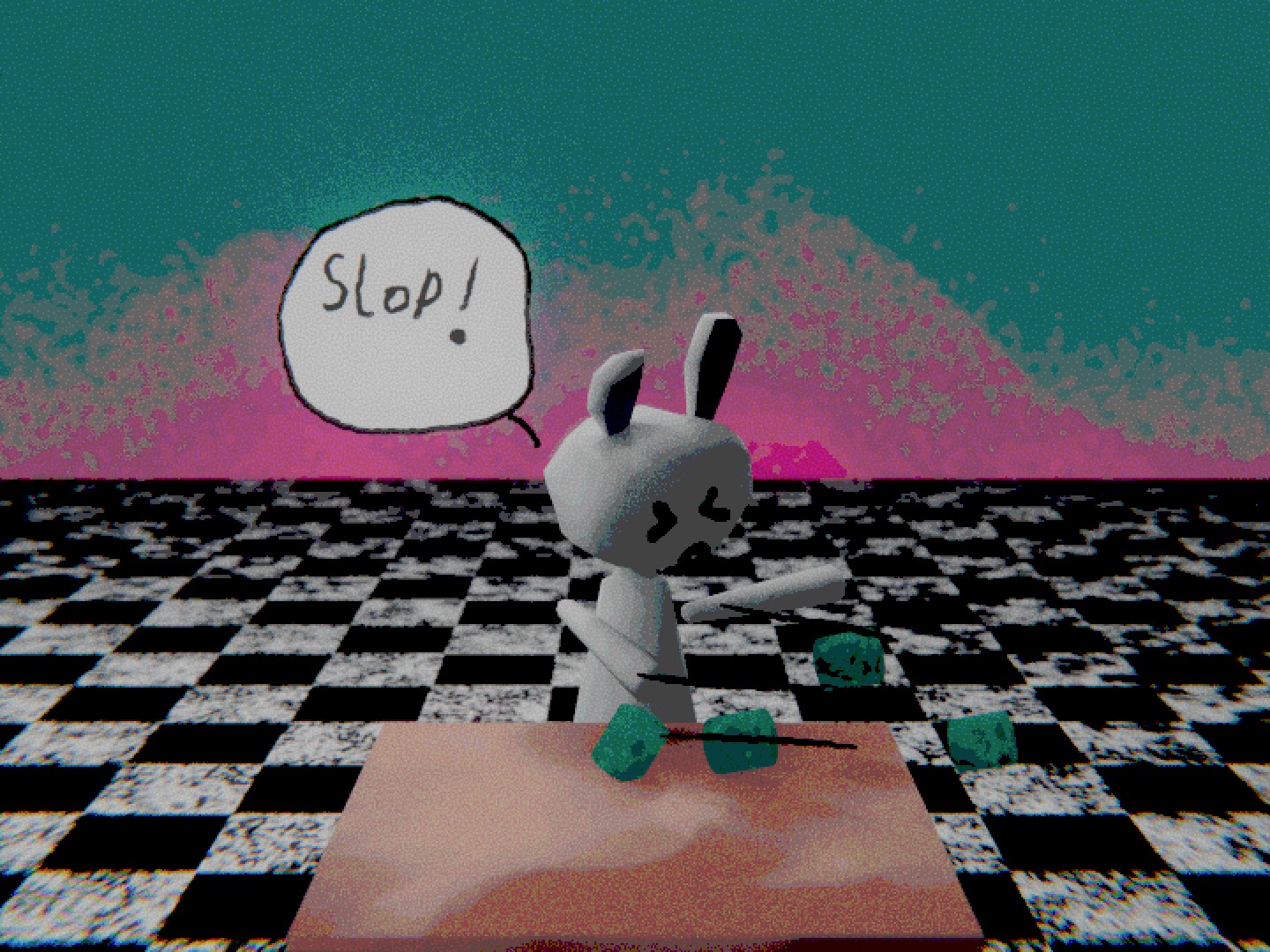 a rabbit rejecting some green pellets while saying slop!.