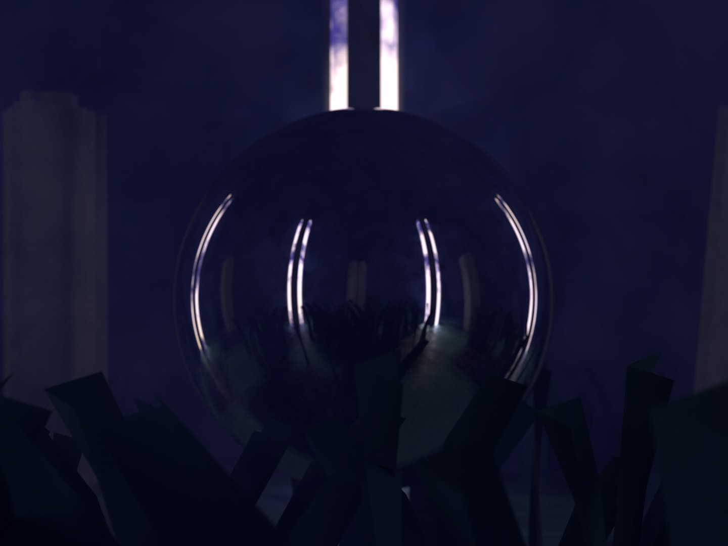 there is a mirror sphere that is reflecting a grass and glowing spires with ruin spires.