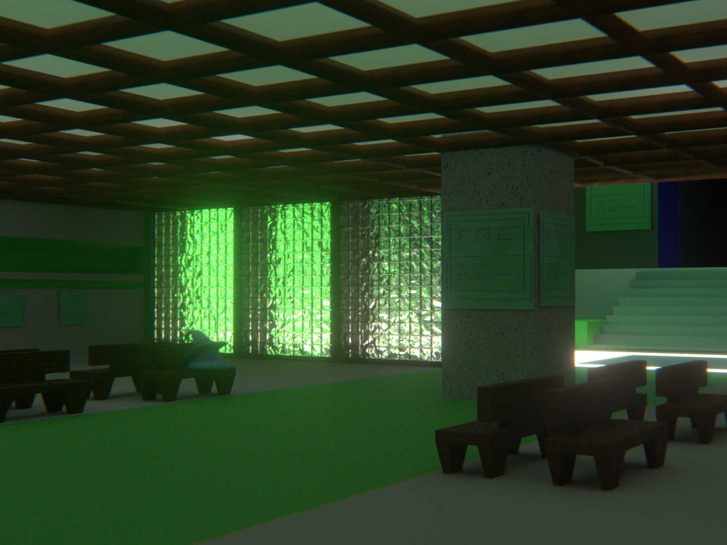 slime wizard just chilling on a bench surrounded in a vibe of green and posters