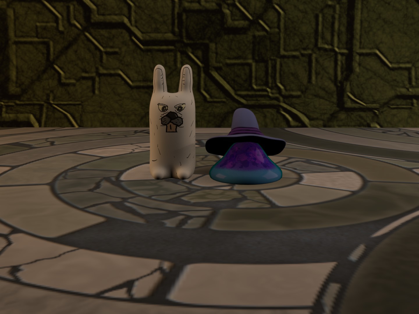 Slime wizard with what looks like a glenda in a dark dank dungeon