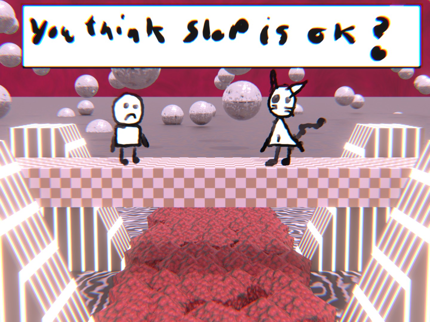 A cat person asking another person you think slop is ok? on a bridge over red like objects with checkered bridge. in the background is a red sky with reflective spheres