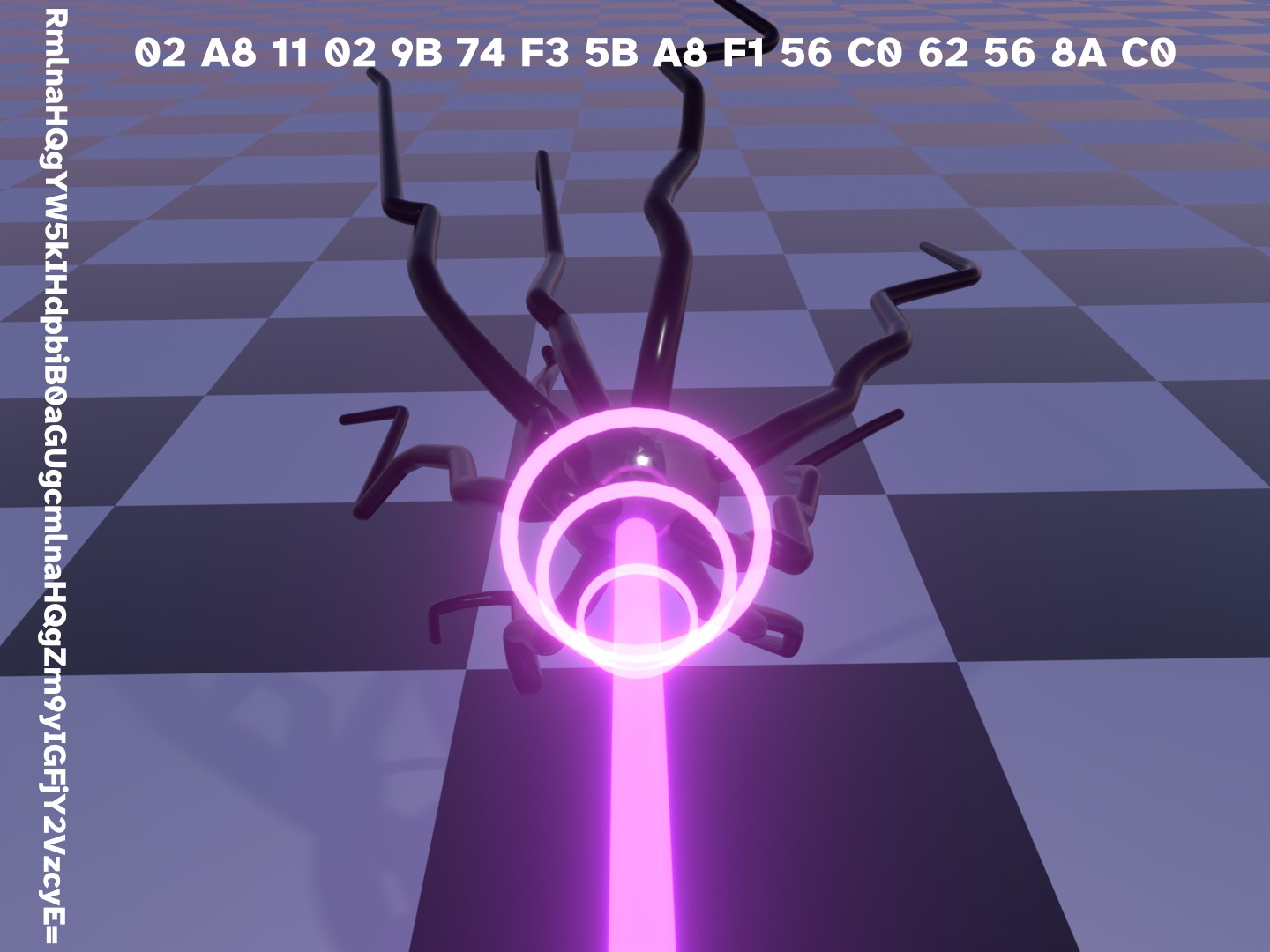 monster fireing a lazer with random text on the screen