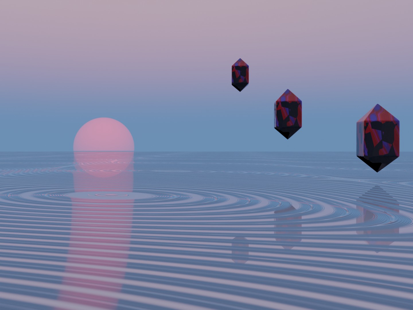a sunset scene over waterish and floating diamonds in the sky