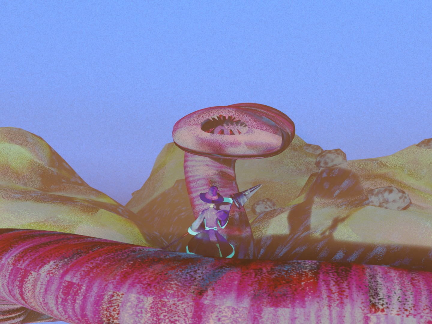 A wizard with a spear facing down a pink worm in a desert with a blue sky.