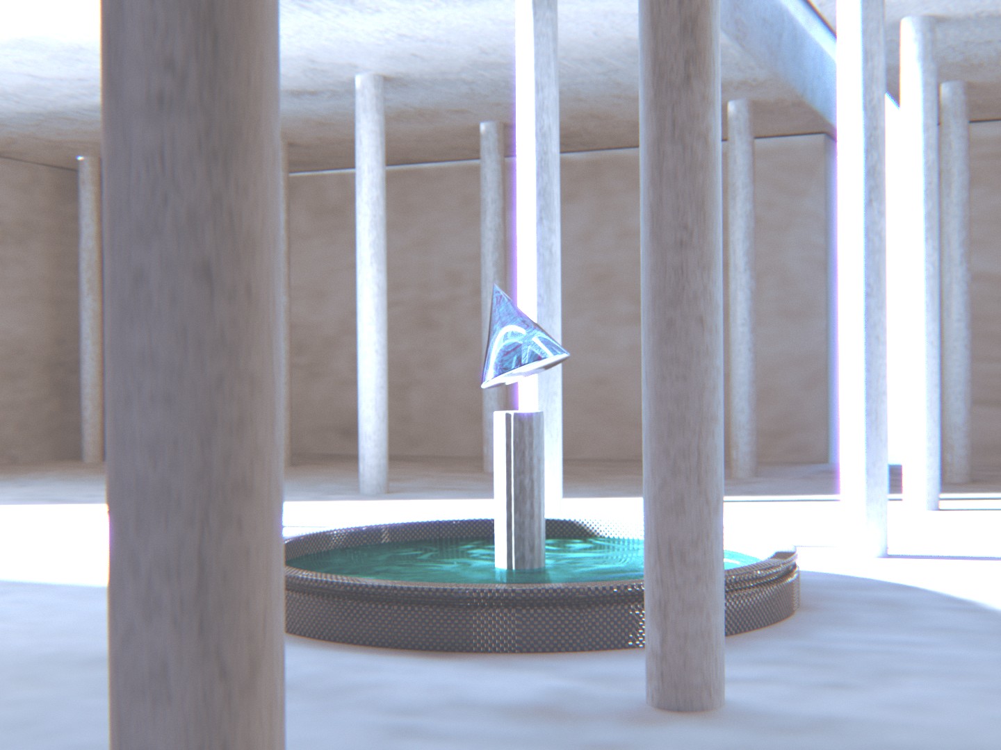 a cone in the middle of a concret room with pilers with bright light coming into the room