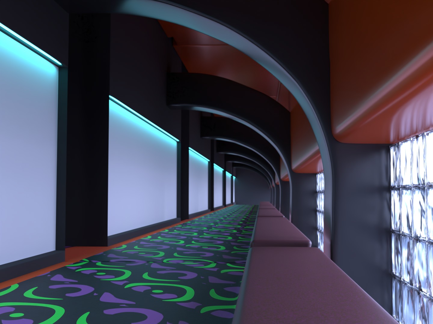 a hall way with some 90s like carpet with a arch with glass block walls that are letting inside lite in